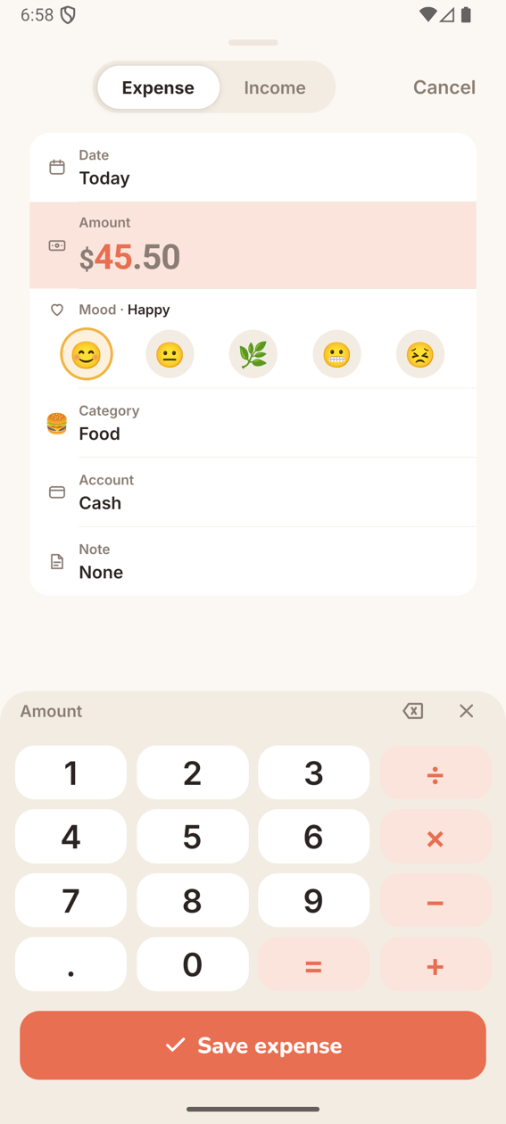 Adding a $45.50 food expense in Mira with the Happy mood selected.