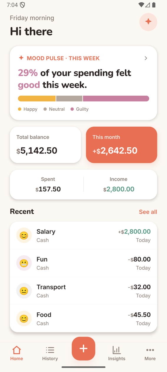 Mira home screen with this week's mood pulse: 29% of spending felt good, above the total balance and recent expenses.